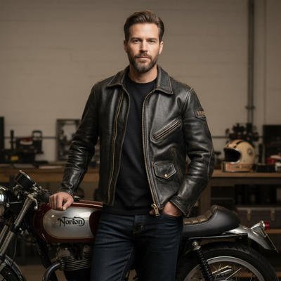 Men’s Urban Icon Patchwork Biker Jacket – Premium Black Leather Edition