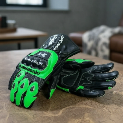 Custom Kawasaki Green Racing Gloves - Pro Leather Motorcycle Gauntlets