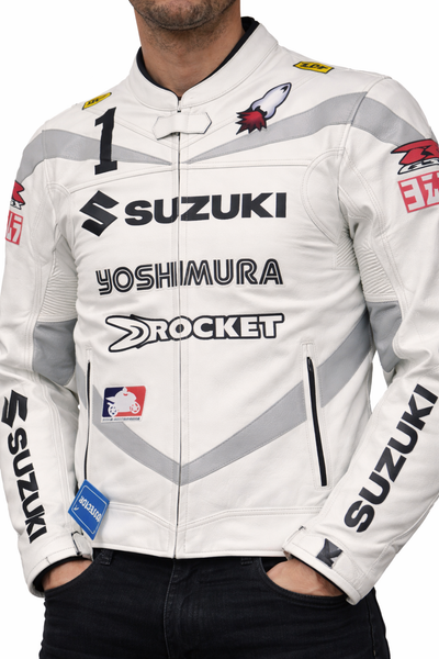 Suzuki Style White Leather Biker Jacket – Race Fit