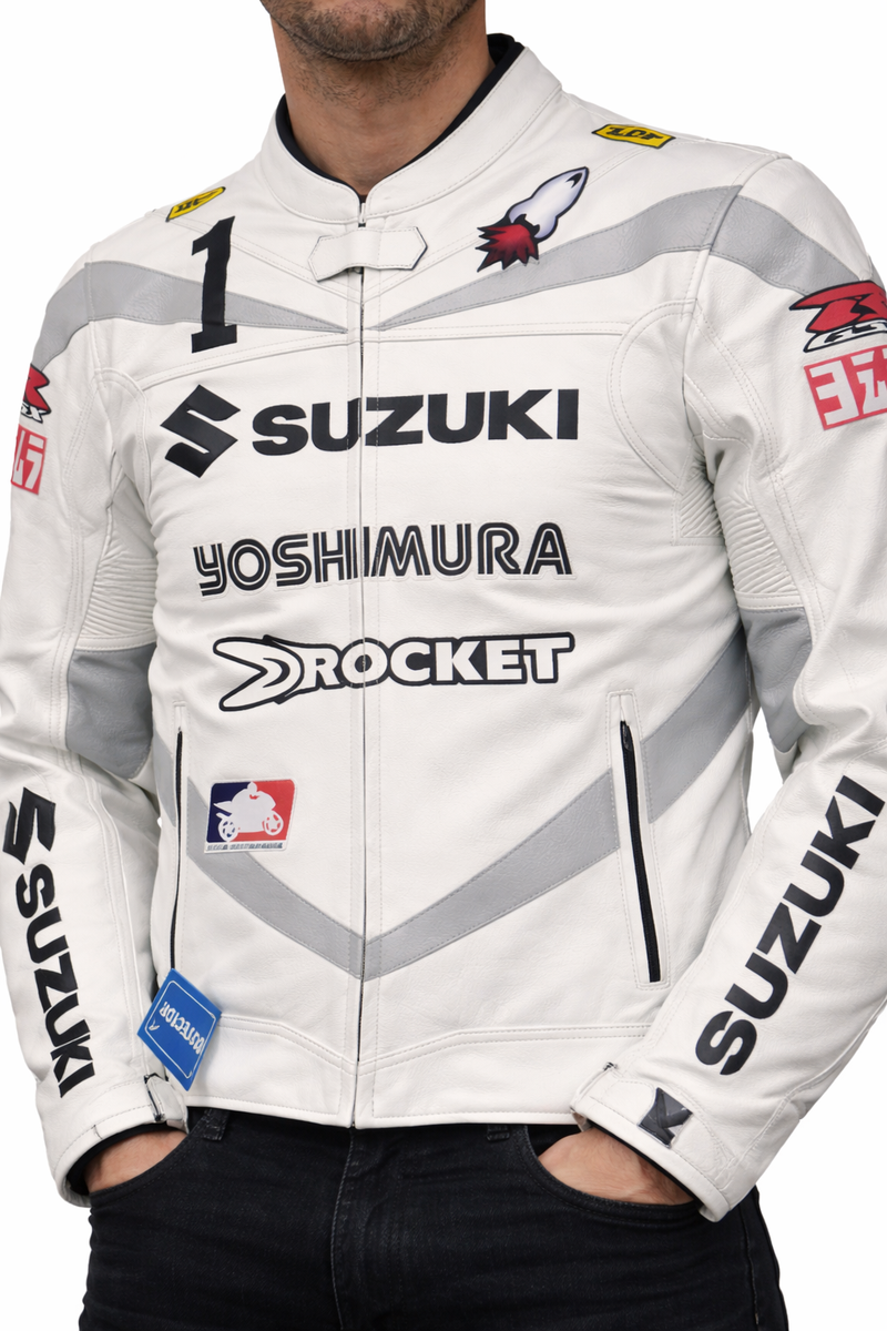 Suzuki Style White Leather Biker Jacket – Race Fit