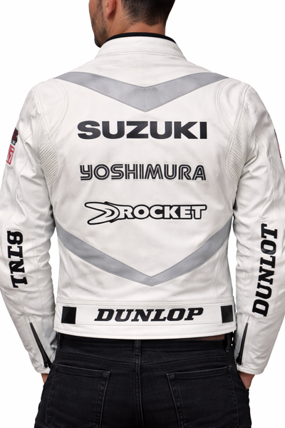 Suzuki Style White Leather Biker Jacket – Race Fit