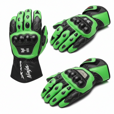 Custom Kawasaki Green Racing Gloves - Pro Leather Motorcycle Gauntlets