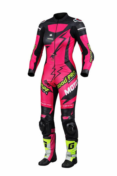 Pro-Volt 1-Piece Leather Racing Suit – Pink & Neon Edition