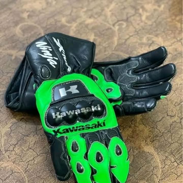 Custom Kawasaki Green Racing Gloves - Pro Leather Motorcycle Gauntlets