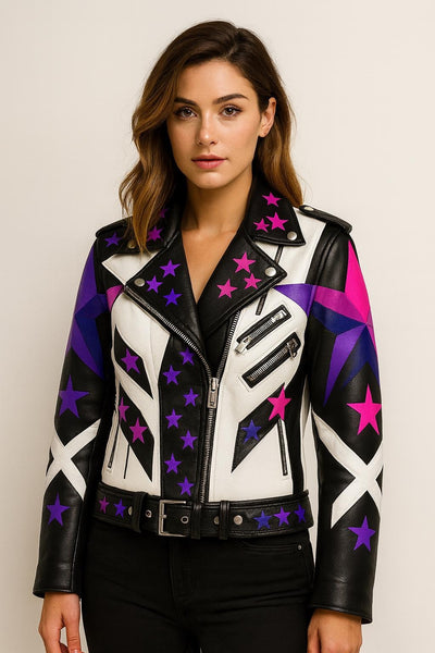 Women’s Galactic Star-Studded Leather Biker Jacket – Electric Pink & Purple Edition