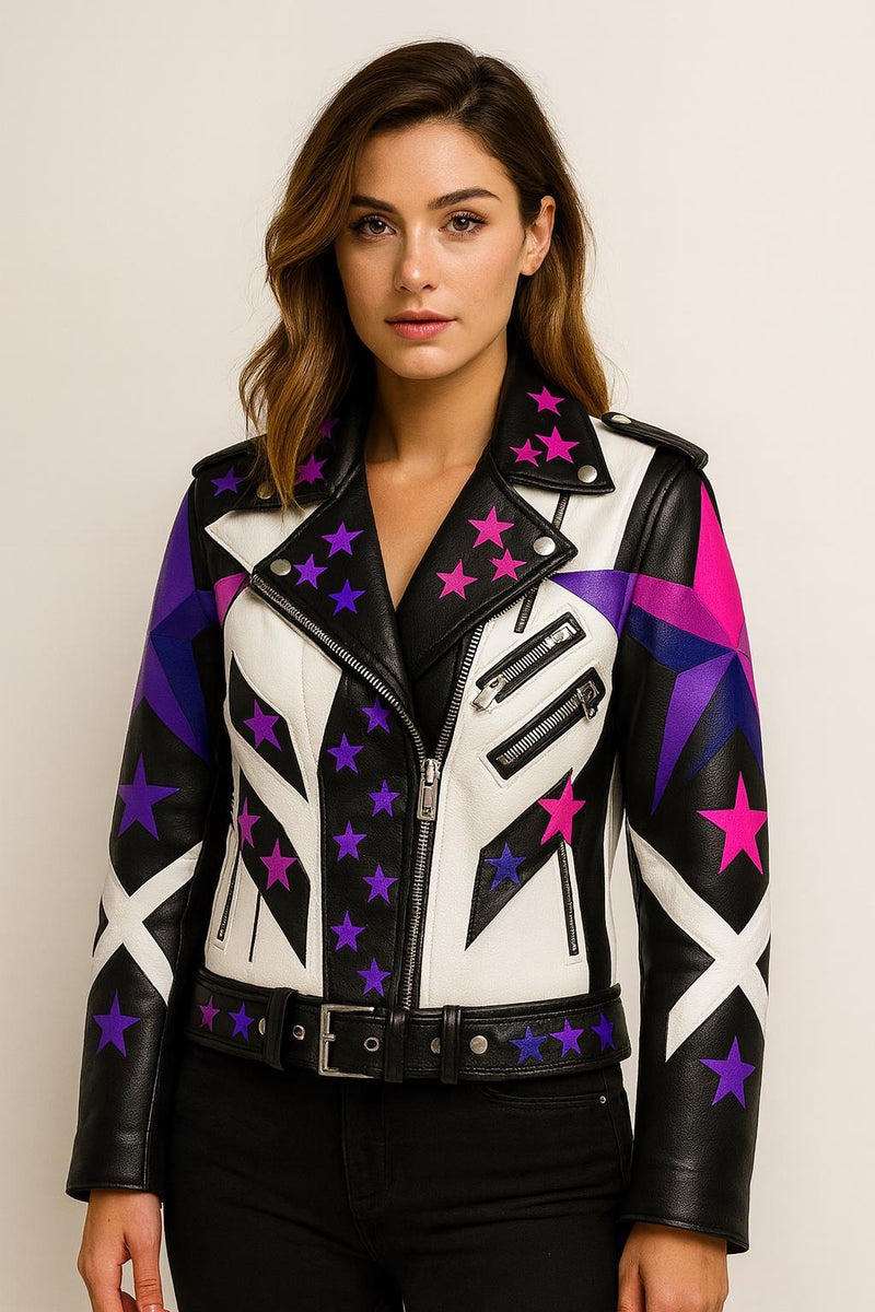 Women’s Galactic Star-Studded Leather Biker Jacket – Electric Pink & Purple Edition