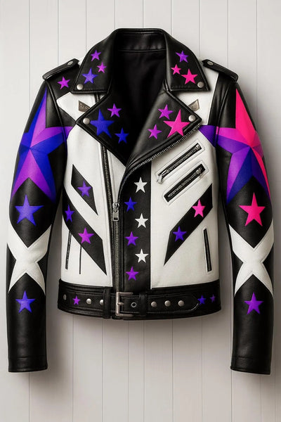 Women’s Galactic Star-Studded Leather Biker Jacket – Electric Pink & Purple Edition
