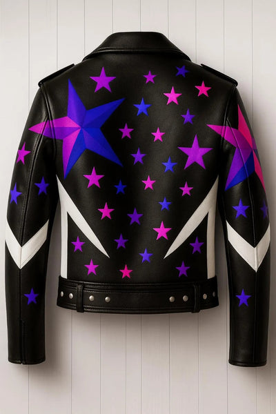 Women’s Galactic Star-Studded Leather Biker Jacket – Electric Pink & Purple Edition