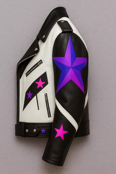 Women’s Galactic Star-Studded Leather Biker Jacket – Electric Pink & Purple Edition