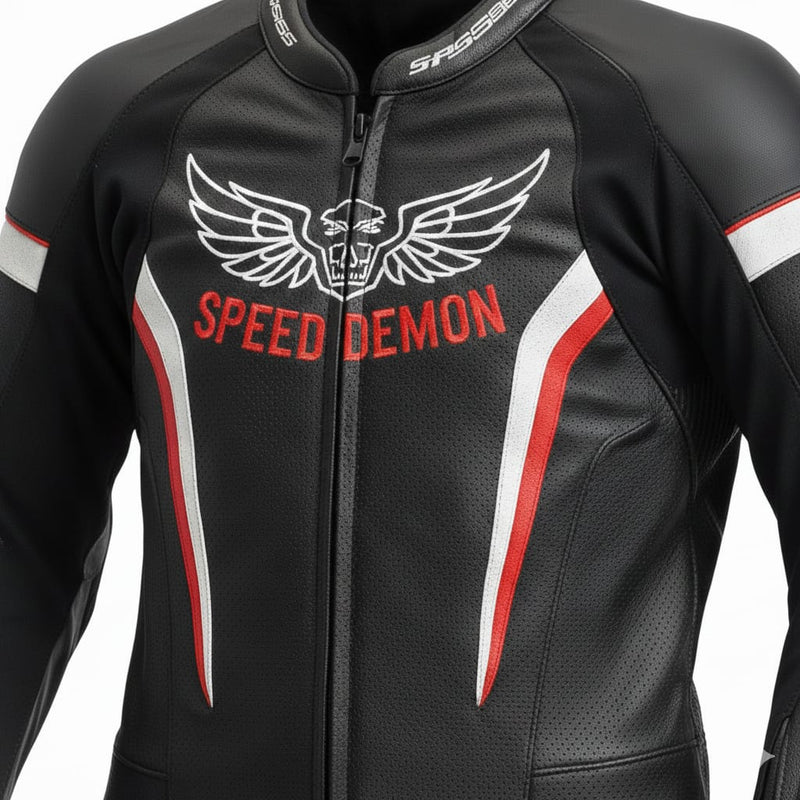 1-Piece Motorcycle Racing Leather Suit – Black Red Speed Design