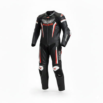 1-Piece Motorcycle Racing Leather Suit – Black Red Speed Design