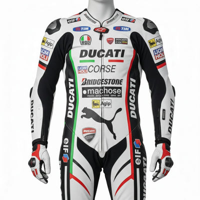 1-Piece Motorcycle Racing Leather Suit – White Red Black Race Style