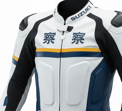 1-Piece Motorcycle Racing Leather Suit – White Blue Sport Fit