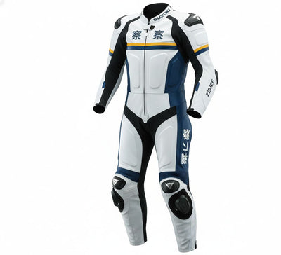 1-Piece Motorcycle Racing Leather Suit – White Blue Sport Fit