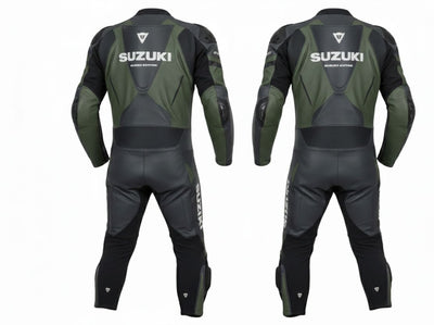1-Piece Motorcycle Racing Leather Suit – Olive Green Black Sport Fit