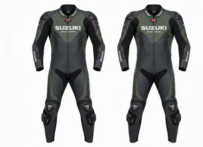 1-Piece Motorcycle Racing Leather Suit – Olive Green Black Sport Fit