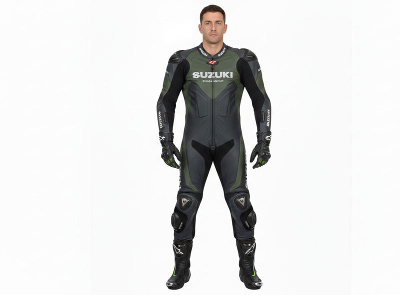 1-Piece Motorcycle Racing Leather Suit – Olive Green Black Sport Fit