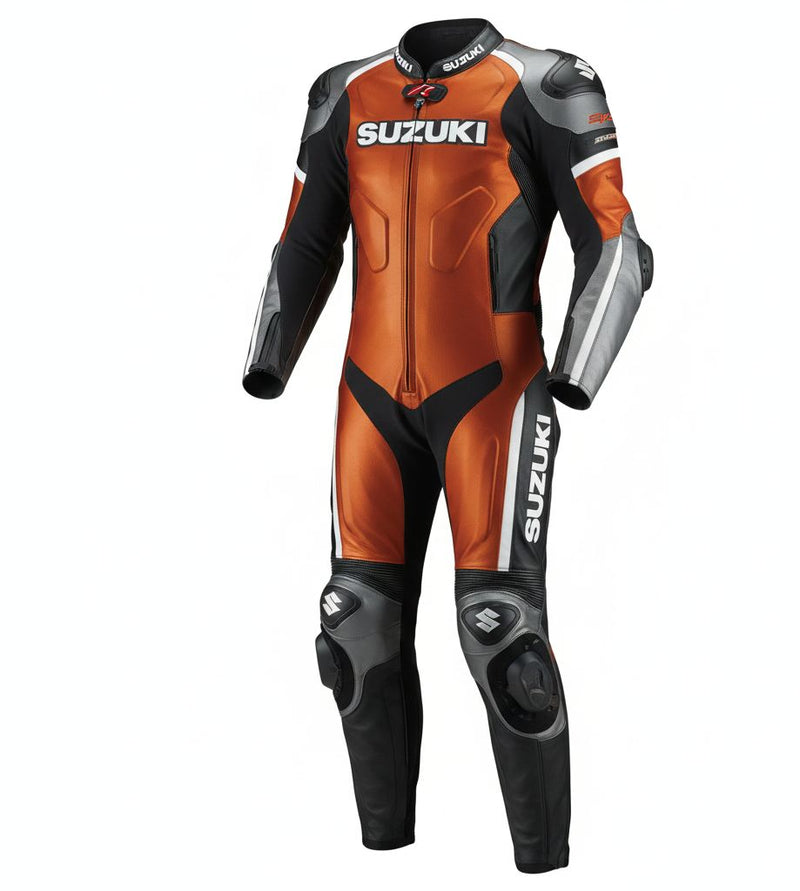 1-Piece Motorcycle Leather Racing Suit – Orange & Black
