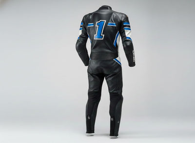 Custom Black Blue 1-Piece Leather Racing Suit Moto