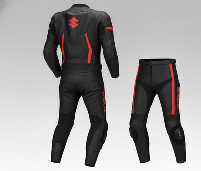 Black Red 2-Piece Leather Racing Suit Custom Fit EU