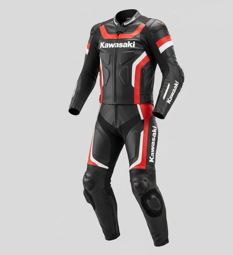 2-Piece Kawasaki Style Racing Leather Jacket Pants Gear