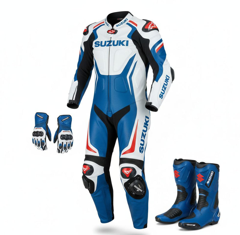 Suzuki Blue White Racing Leather Full Set Suit Pro Gear