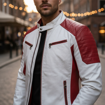 Men’s GT-Racer Premium Leather Jacket – Classic Red & White Sport Edition
